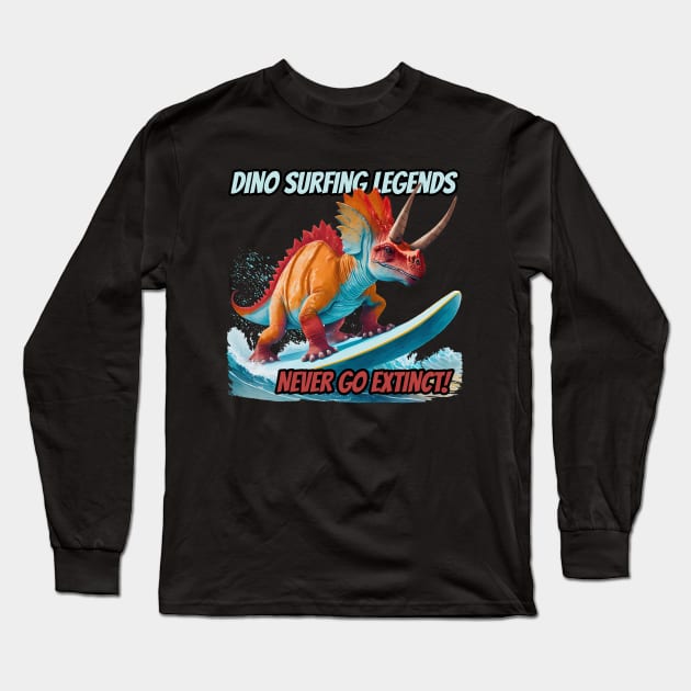 Dinosaur Surfing Funny Long Sleeve T-Shirt by sovadesignstudio